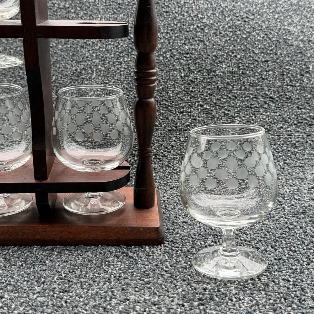 Vintage Wooden Rotating Bar Caddy with 4 Etched Polka Dot Brandy Snifter Glasses
